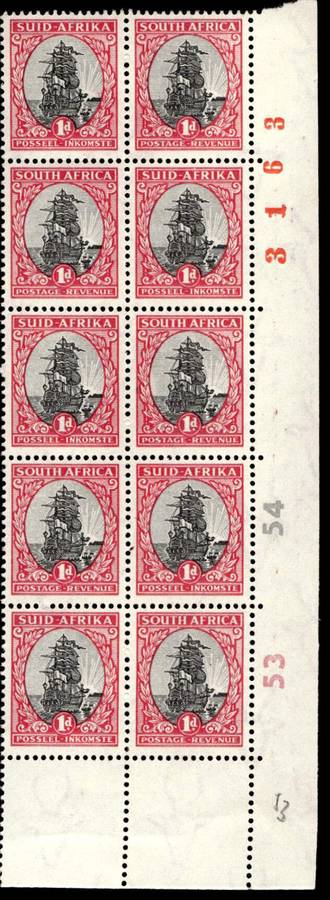 RSA 1951/02/22 Definitive Issue 1d Cyl. No 54 53 Wmk Springbok Head *10 Stamps