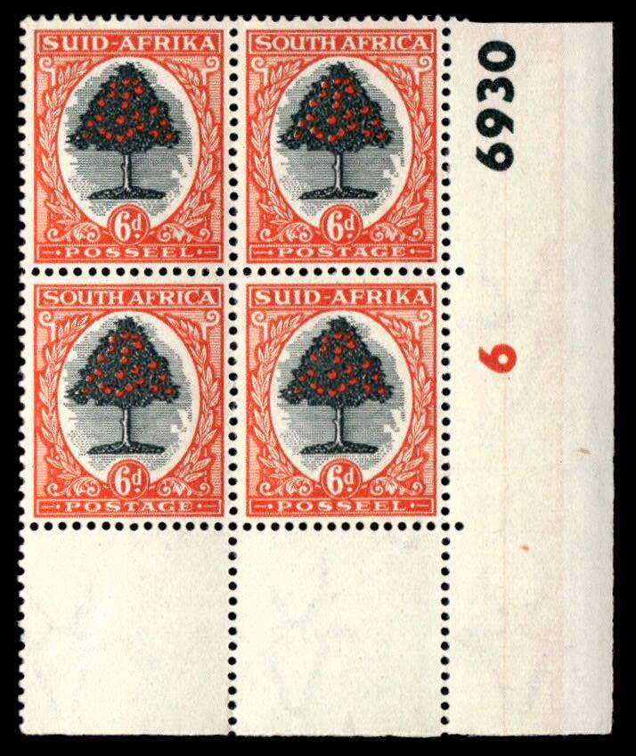 RSA 1951 Definitive Issue 6d Cyl. No 6 6930  Wmk Springbok Head
