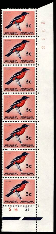 RSA 1961/05 Definitive Issue 3c Cyl. No S16 21 *No Wmk 7 Stamps