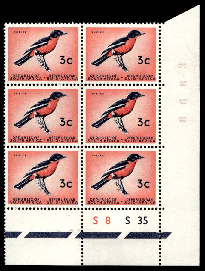 RSA 1963/04 Definitive Issue 3c Cyl. No S8 S35 *No Wmk 6 Stamps