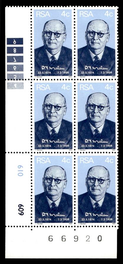 RSA 1974/05/22 Birth Centenary of Prime Minister D.F. Malan 4c Control Blocks