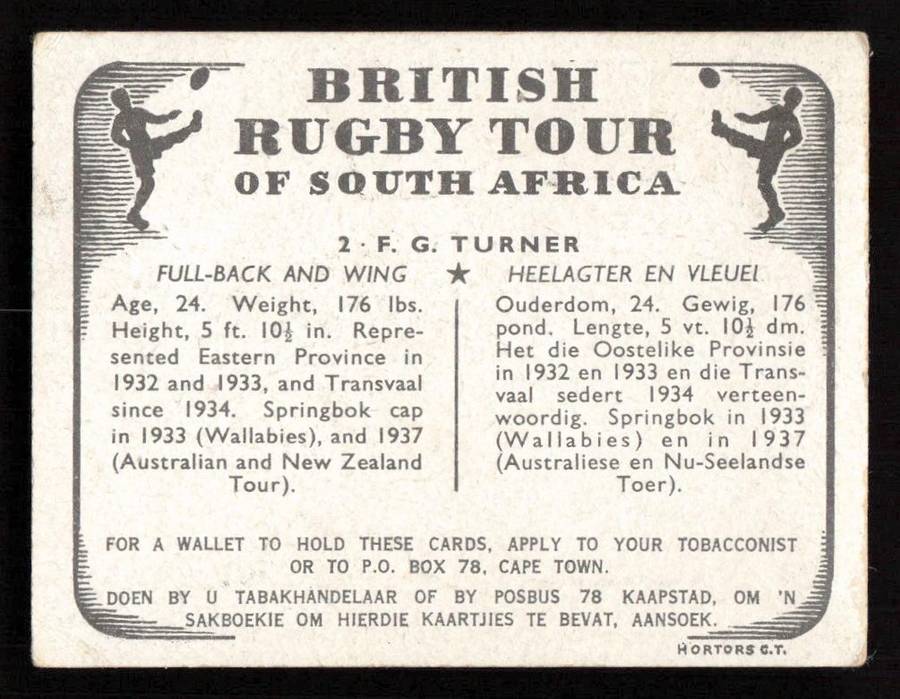 United Tobacco 1938 British Rugby Tour Cigarette Card 2 F. G. Turner