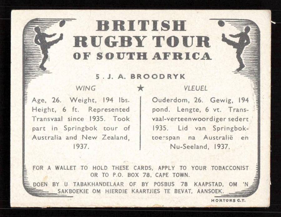 United Tobacco 1938 British Rugby Tour Cigarette Card 5 J. A. Broodryk