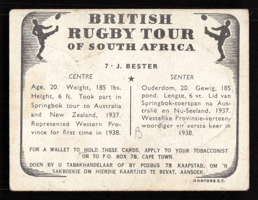 United Tobacco 1938 British Rugby Tour Cigarette Card 7 J. Bester