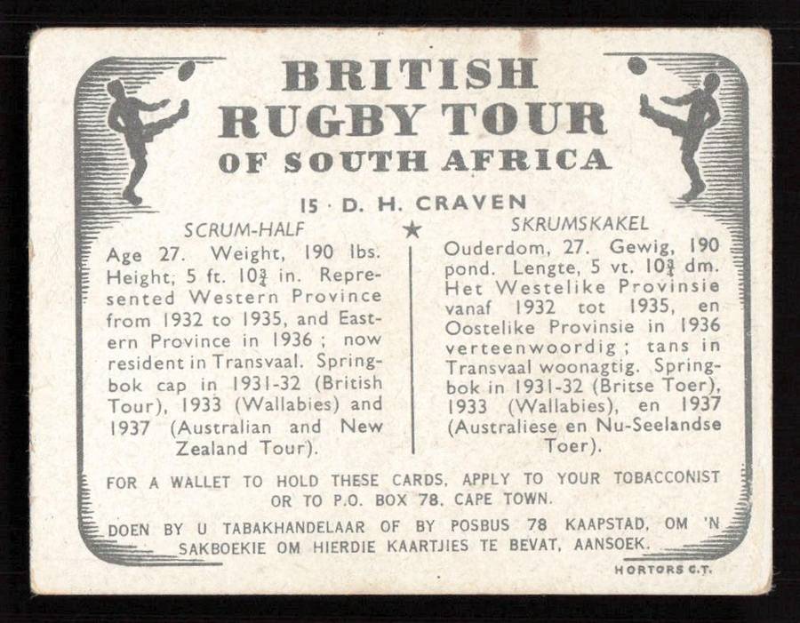 United Tobacco 1938 British Rugby Tour Cigarette Card 15 D. H. Craven