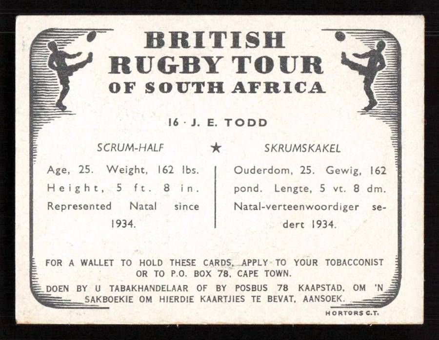 United Tobacco 1938 British Rugby Tour Cigarette Card 16 J. E. Todd