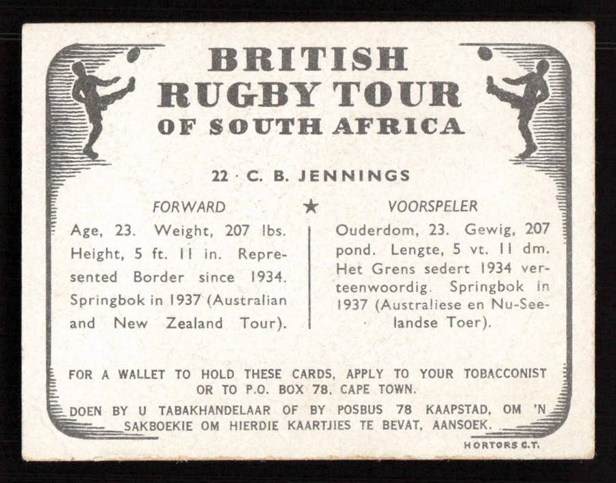 United Tobacco 1938 British Rugby Tour Cigarette Card 22 C. B. Jennings