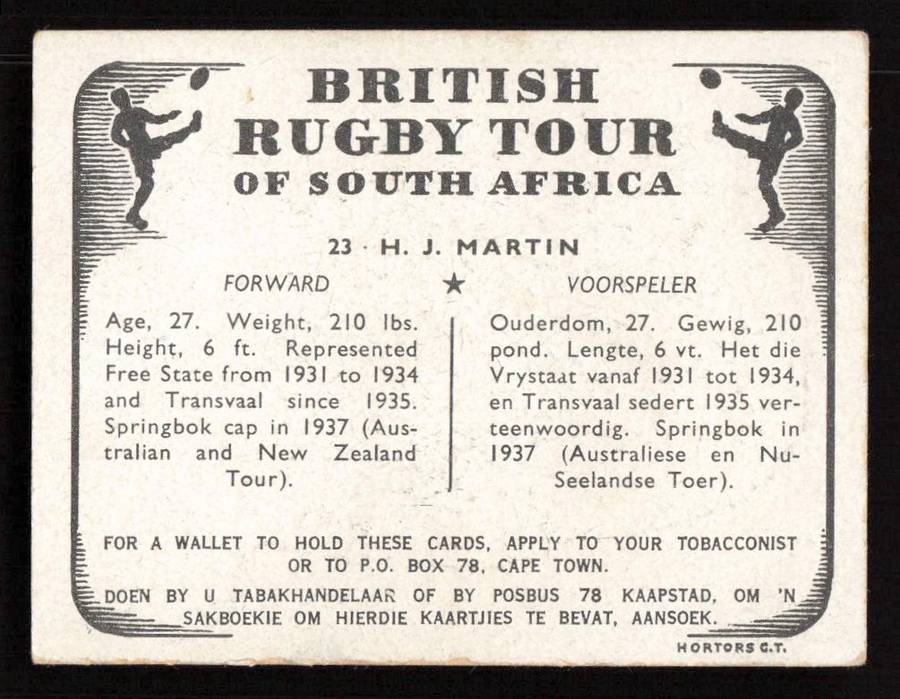 United Tobacco 1938 British Rugby Tour Cigarette Card 23 H. J. Martin