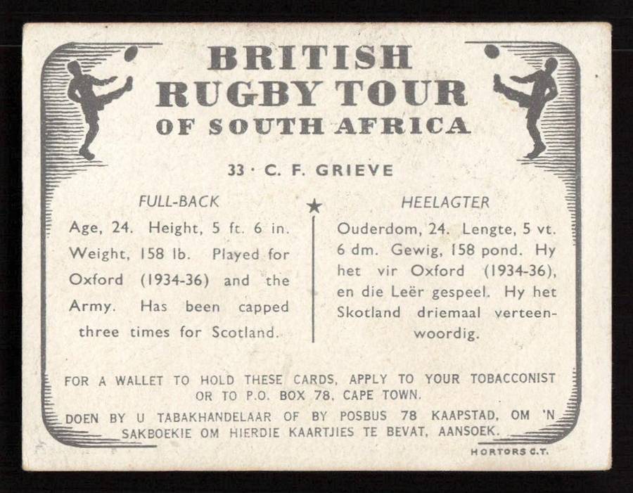 United Tobacco 1938 British Rugby Tour Cigarette Card 33 C.F. Grieve
