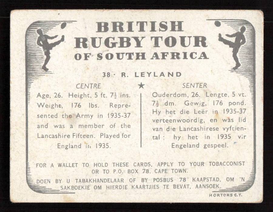 United Tobacco 1938 British Rugby Tour Cigarette Card 38 R. Leyland