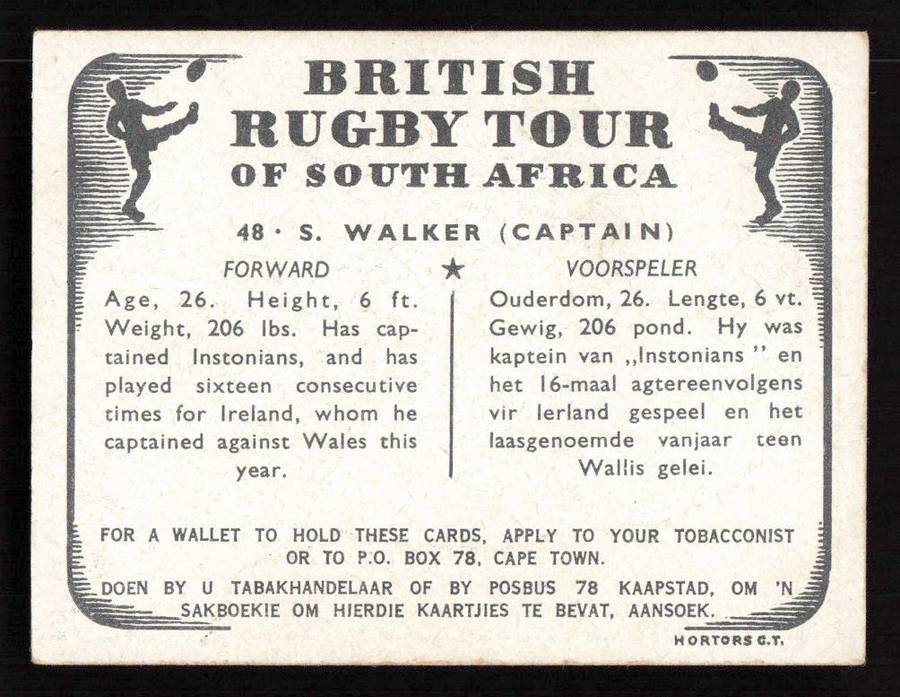United Tobacco 1938 British Rugby Tour Cigarette Card 48 S. Walker (Captain)