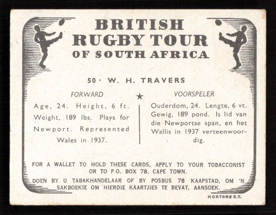 United Tobacco 1938 British Rugby Tour Cigarette Card 50 W. H Travers
