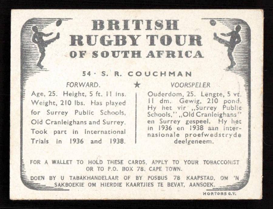 United Tobacco 1938 British Rugby Tour Cigarette Card 54 S. R. Couchman