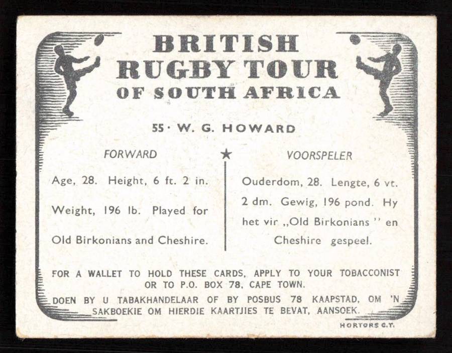 United Tobacco 1938 British Rugby Tour Cigarette Card 55 W. G. Howard
