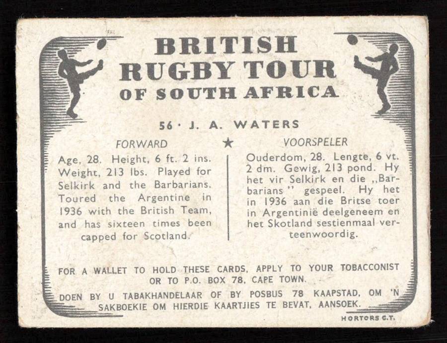 United Tobacco 1938 British Rugby Tour Cigarette Card 56 J. A. Waters