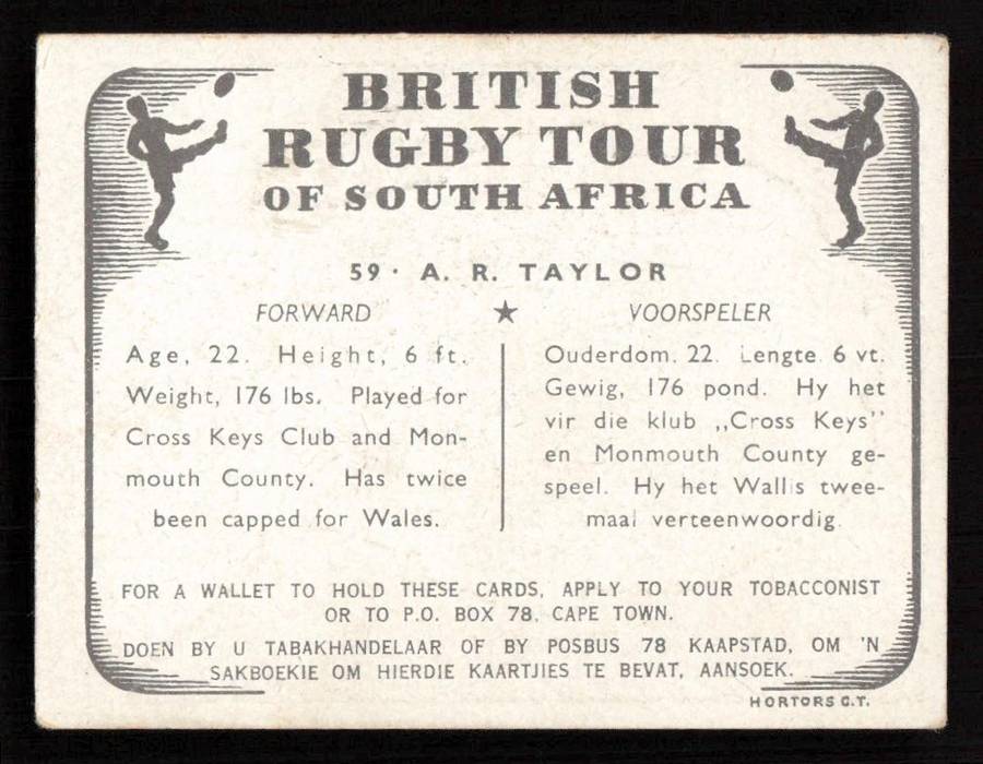 United Tobacco 1938 British Rugby Tour Cigarette Card 59 A. R. Taylor