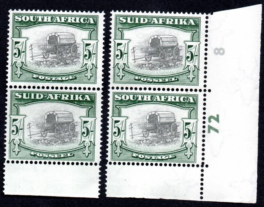 RSA 1949/09 Definitive Issue 5s Cyl. No 72 8 Wmk Springbok Head Corner Stamp Eng