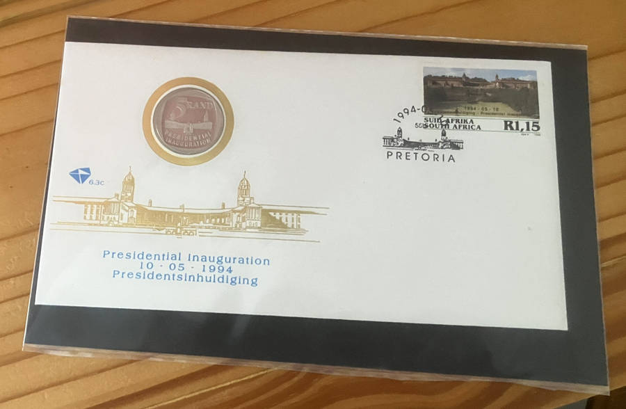 1994 RSA PROOF R5 5 RAND NELSON MANDELA PRESIDENTIAL INAUGURATION COIN in FDC