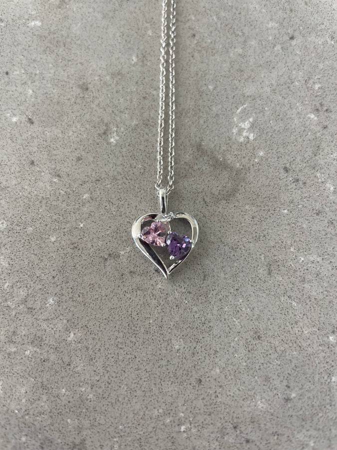 Heart pendant and chain 925 sterling silver featuring two amethyst/tourmaline coloured stones.