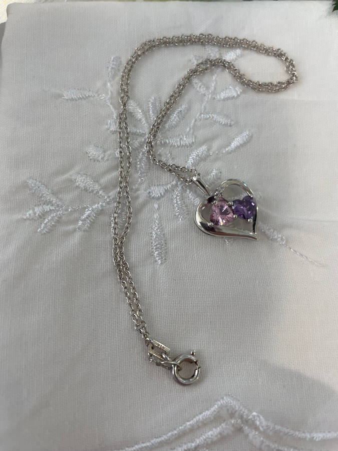 Heart pendant and chain 925 sterling silver featuring two amethyst/tourmaline coloured stones.
