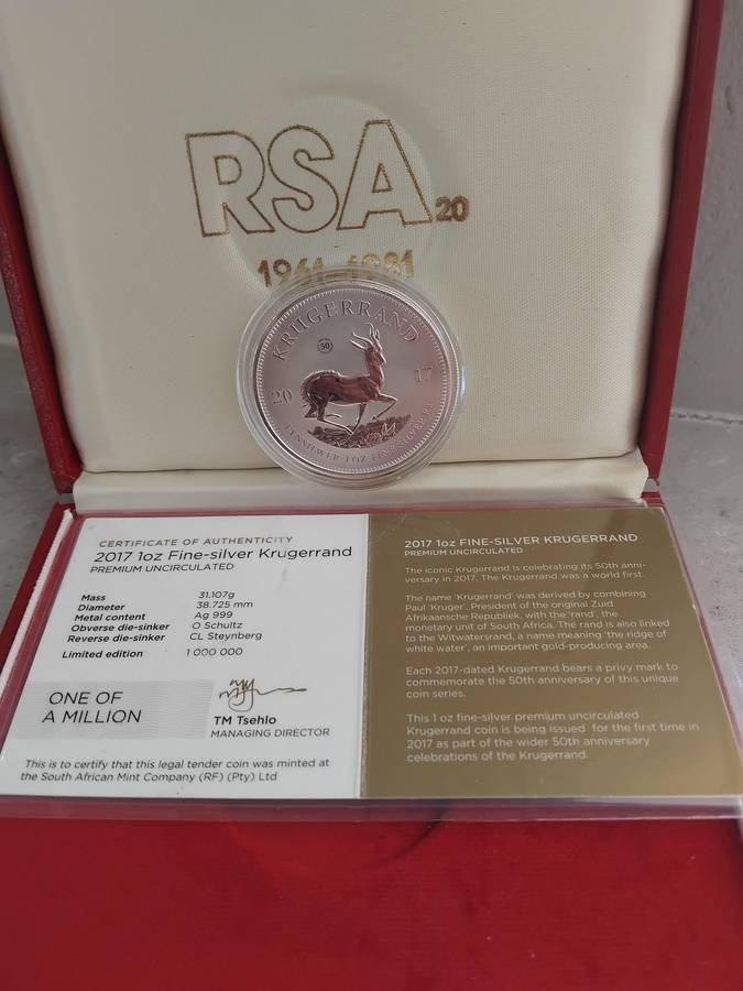 2017 Pure Silver One Ounce Krugerrand 50th Anniversary with COA