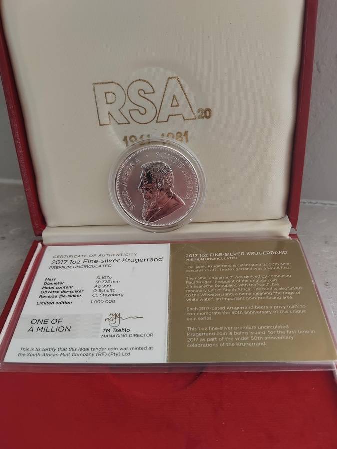 2017 Pure Silver One Ounce Krugerrand 50th Anniversary with COA