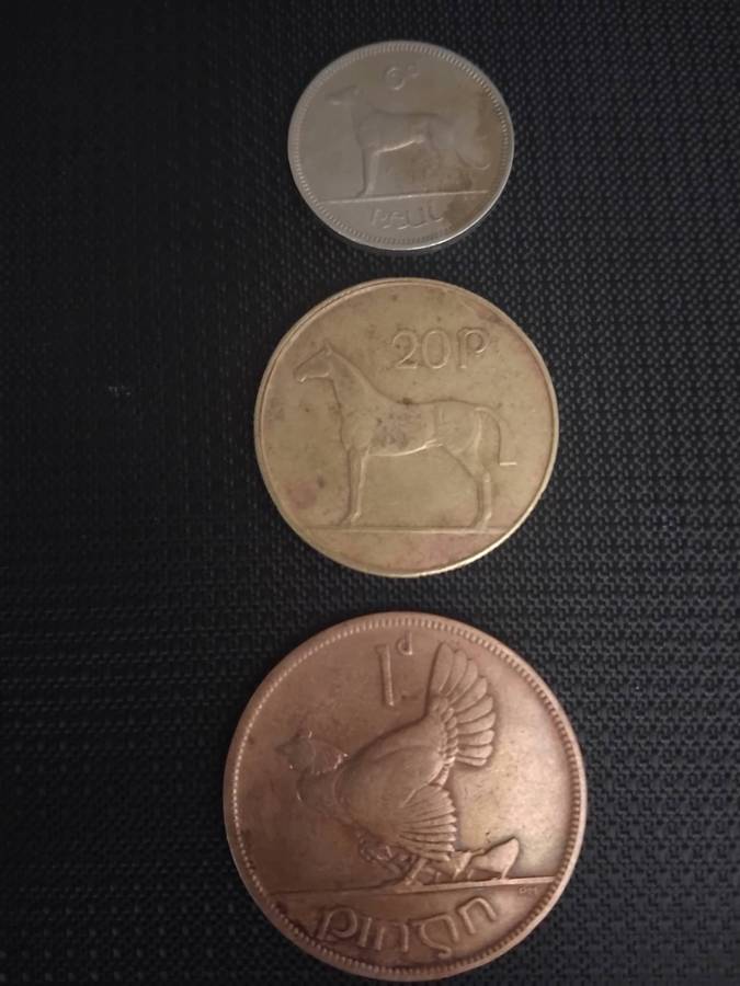 Irish 1928 1d, 1968 6d and 1996 20p Coins . One bid for all three