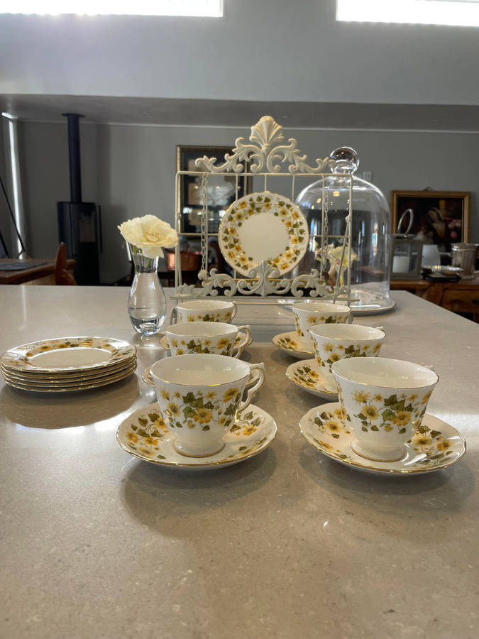 Queen Anne Bone China Footed Cup and Saucer set of 6 & 6 cake plates.  Nr - 8643 Yellow Fowers!!!!