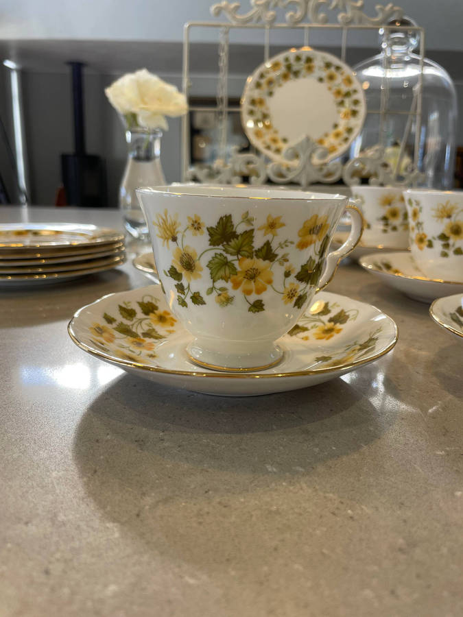 Queen Anne Bone China Footed Cup and Saucer set of 6 & 6 cake plates.  Nr - 8643 Yellow Fowers!!!!