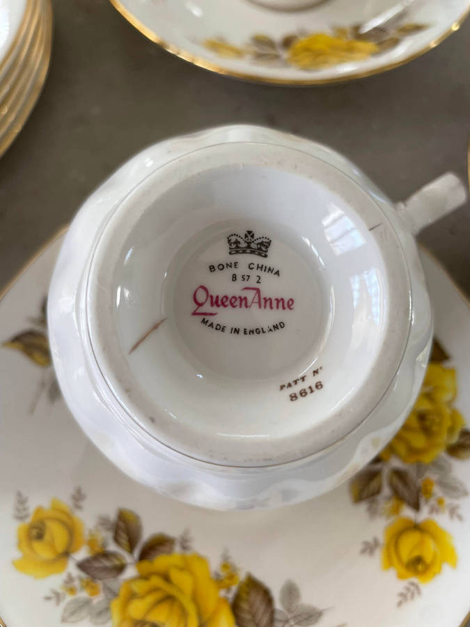 Vintage Queen Anne Bone China - Cake Server, 6 Cake Plates, 3 Cups & 6 Saucers, Creamer