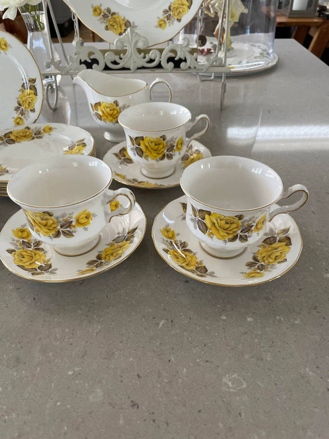 Vintage Queen Anne Bone China - Cake Server, 6 Cake Plates, 3 Cups & 6 Saucers, Creamer