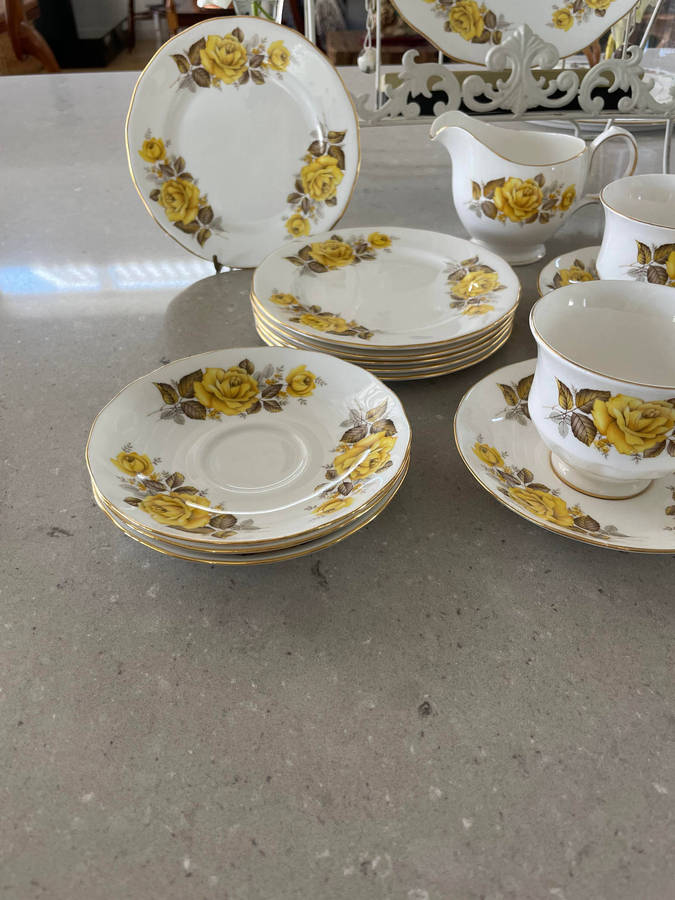 Vintage Queen Anne Bone China - Cake Server, 6 Cake Plates, 3 Cups & 6 Saucers, Creamer