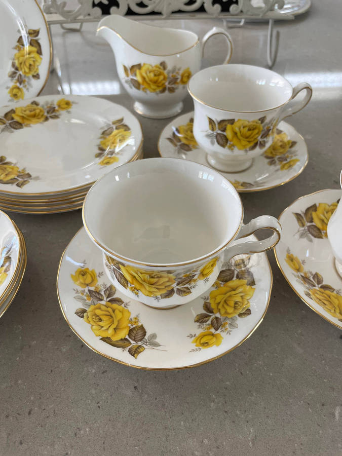 Vintage Queen Anne Bone China - Cake Server, 6 Cake Plates, 3 Cups & 6 Saucers, Creamer