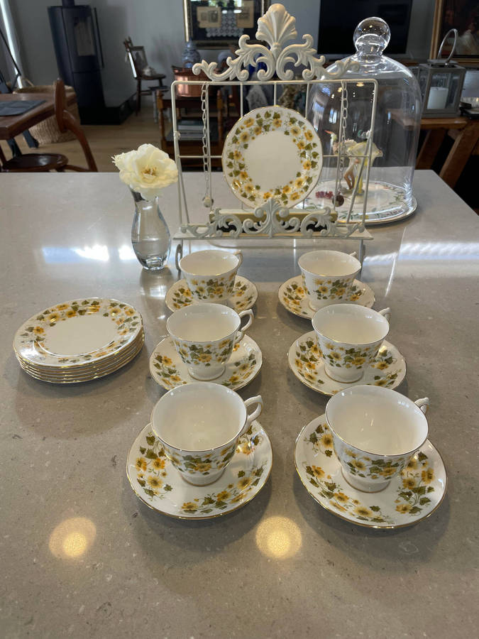 Queen Anne Bone China Footed Cup and Saucer set of 6 & 6 cake plates.  Nr - 8643 Yellow Fowers!!!!