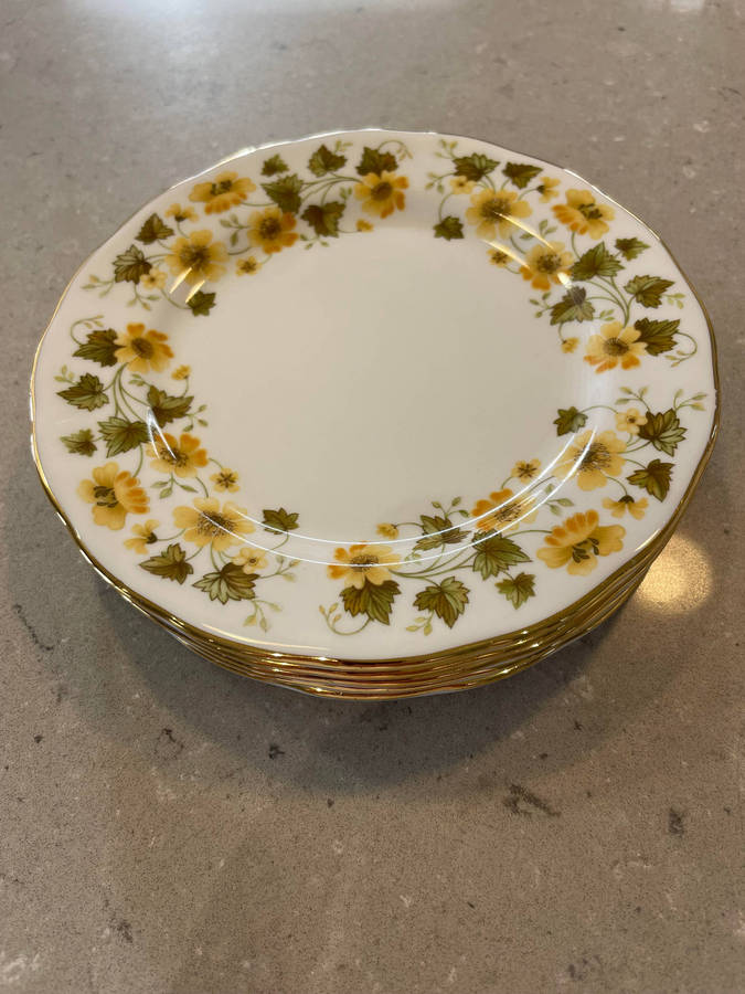 Queen Anne Bone China Footed Cup and Saucer set of 6 & 6 cake plates.  Nr - 8643 Yellow Fowers!!!!
