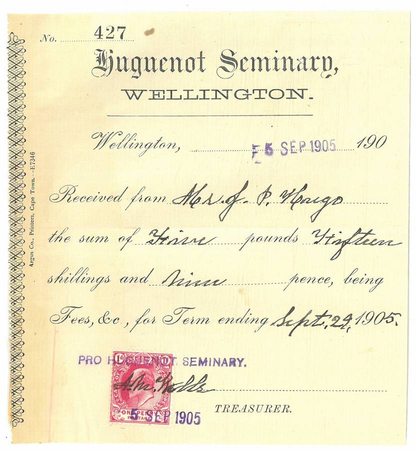 HUGUENOT SEMINARY, WELLINGTON. RECEIPT 05 September 1905. - PLEASE READ DESCRIPTION.