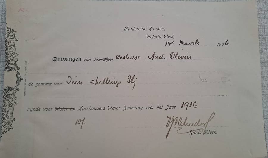 Victoria West Municipal office receipt dated 14 March 1906. - PLEASE READ DESCRIPTION.
