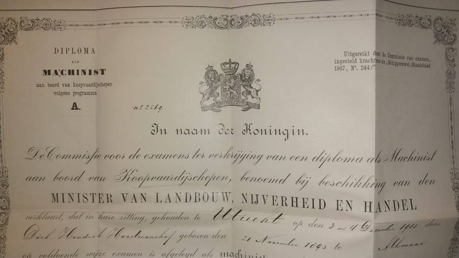 RARE "Diploma als Machinist A" Dutch Merchant Navy, 1913. - PLEASE READ DESCRIPTION.