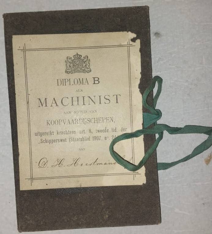 RARE "Diploma als Machinist B" Dutch Merchant Navy, 1917. - PLEASE READ DESCRIPTION.