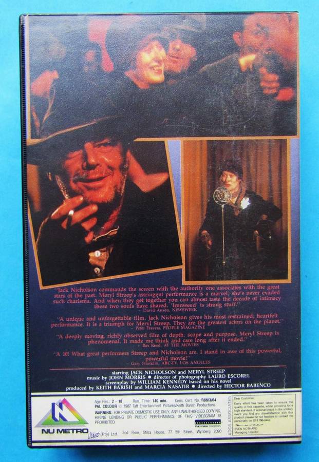 Ironweed - Jack Nicholson - Movie VHS Tape (1987)