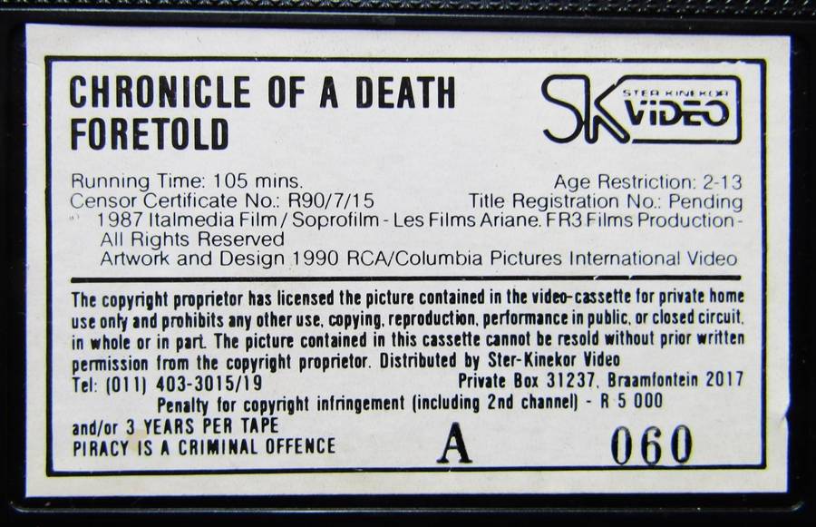 Chronicle of a Death Foretold - Movie VHS Tape (1990)