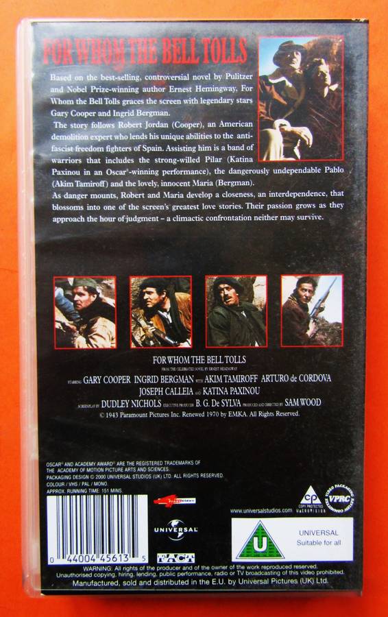 For Whom the Bell Tolls - War Movie VHS Tape (2000)