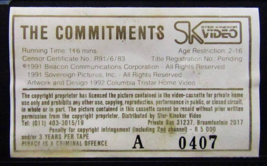 The Commitments - Music Movie VHS Tape (1992)