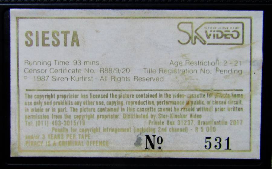 Siesta - Ellen Barkin - Movie VHS Tape (1987)