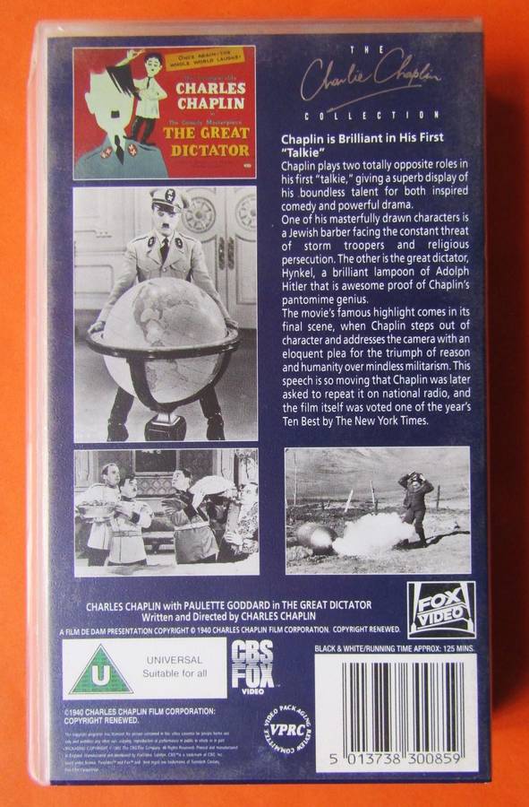 The Great Dictator - Charlie Chaplin - Movie VHS Tape (1994)