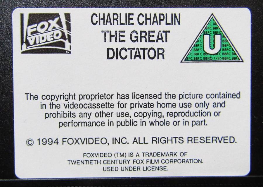 The Great Dictator - Charlie Chaplin - Movie VHS Tape (1994)