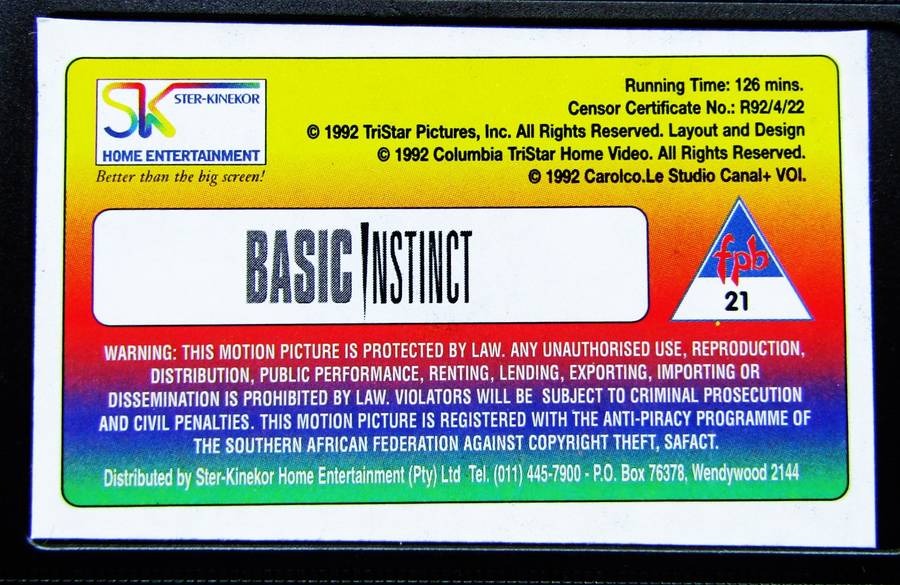 Basic Instinct - Sharon Stone - Movie VHS Tape (1992)