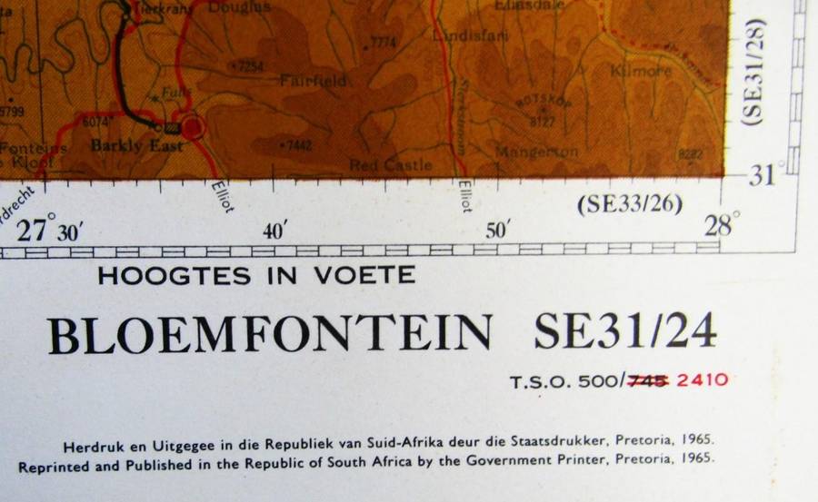 Large 1:500,000 Bloemfontein Topographical Map from 1965