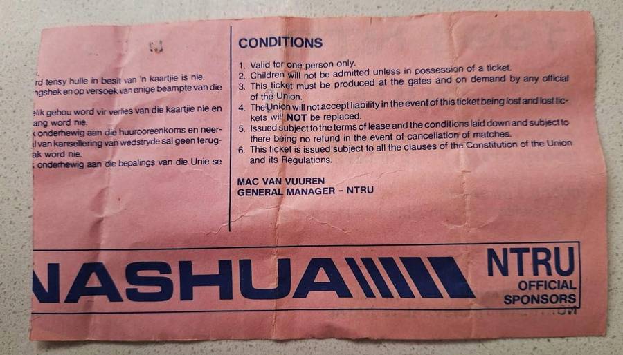 1991 Noord Transvaal vs Natal Rugby Ticket