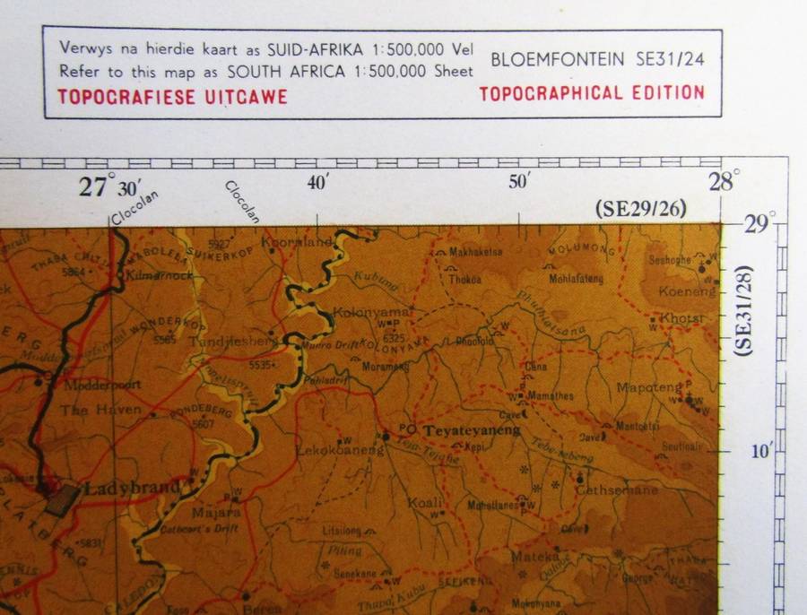 Large 1:500,000 Bloemfontein Topographical Map from 1965